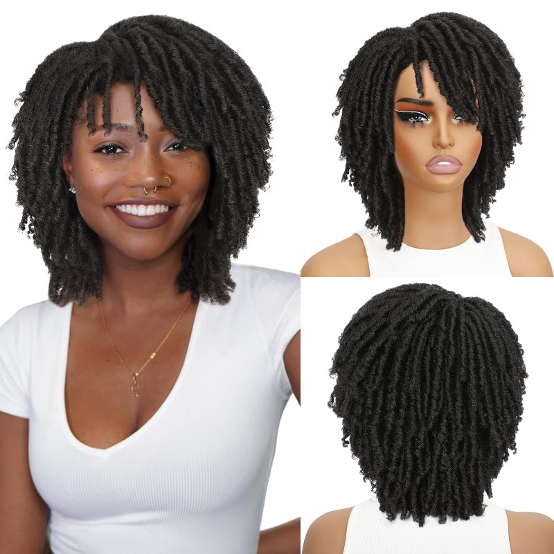 HANNE Dreadlock Wig Short Twist Wigs for Black Women and Men Afro Curly Synthetic Wig (Black) - Image 1